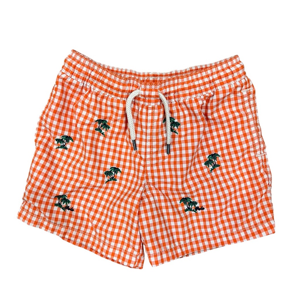 Polo by Ralph Lauren Orange & White Gingham Swim Shorts with Palm Embroidery